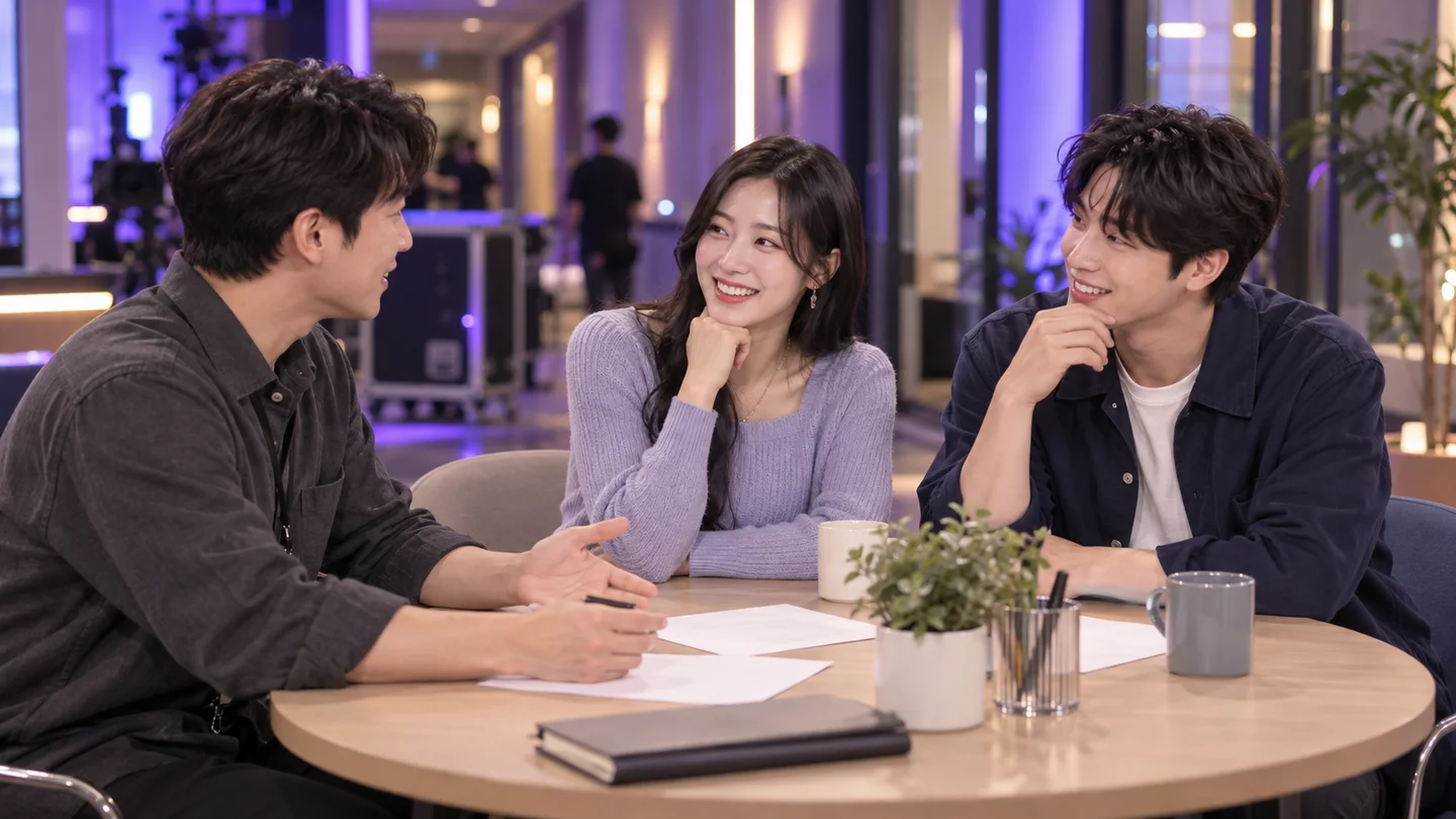 담당자와 성인 남녀 지원자가 방송 일정과 활동 조건을 이야기하는 출연 상담 AI 예시