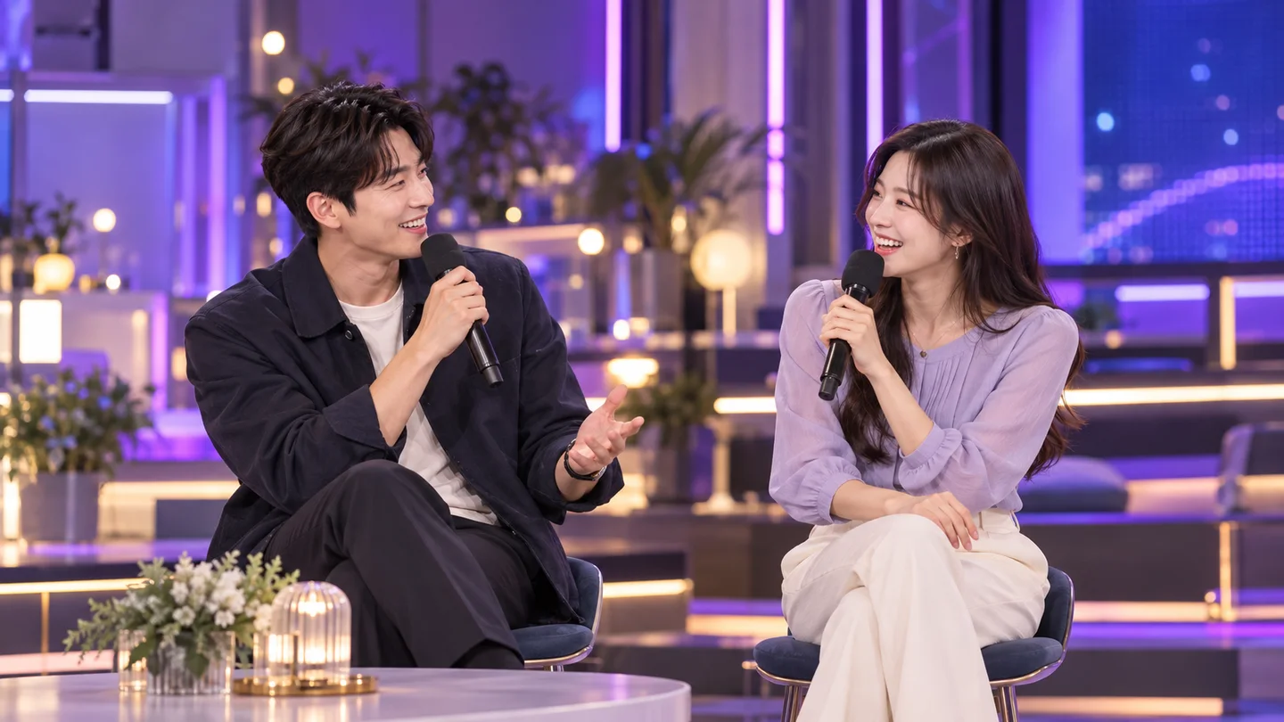 보라색 조명의 스튜디오에서 마이크를 들고 소통하는 성인 남녀 진행자 2명의 AI 예시