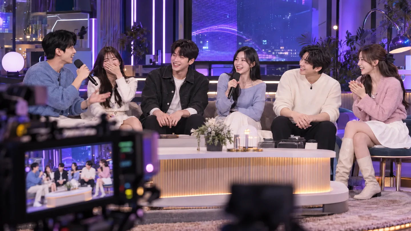성인 남녀 출연자 6명과 같은 6명이 표시된 카메라 화면을 담은 합동 라이브 방송 AI 예시